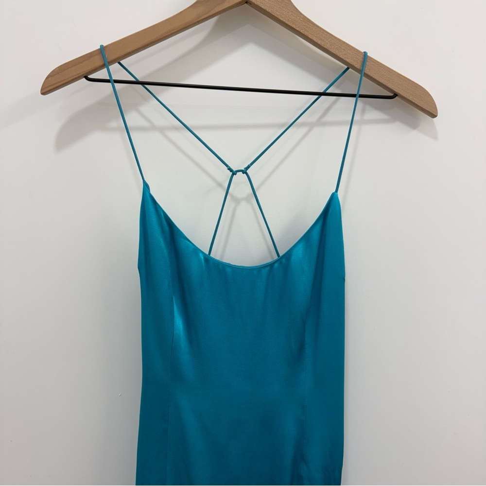 Meshki NEW Briah Diamante satin Mini Dress in cyan blue turquoise size small - Picture 3 of 9